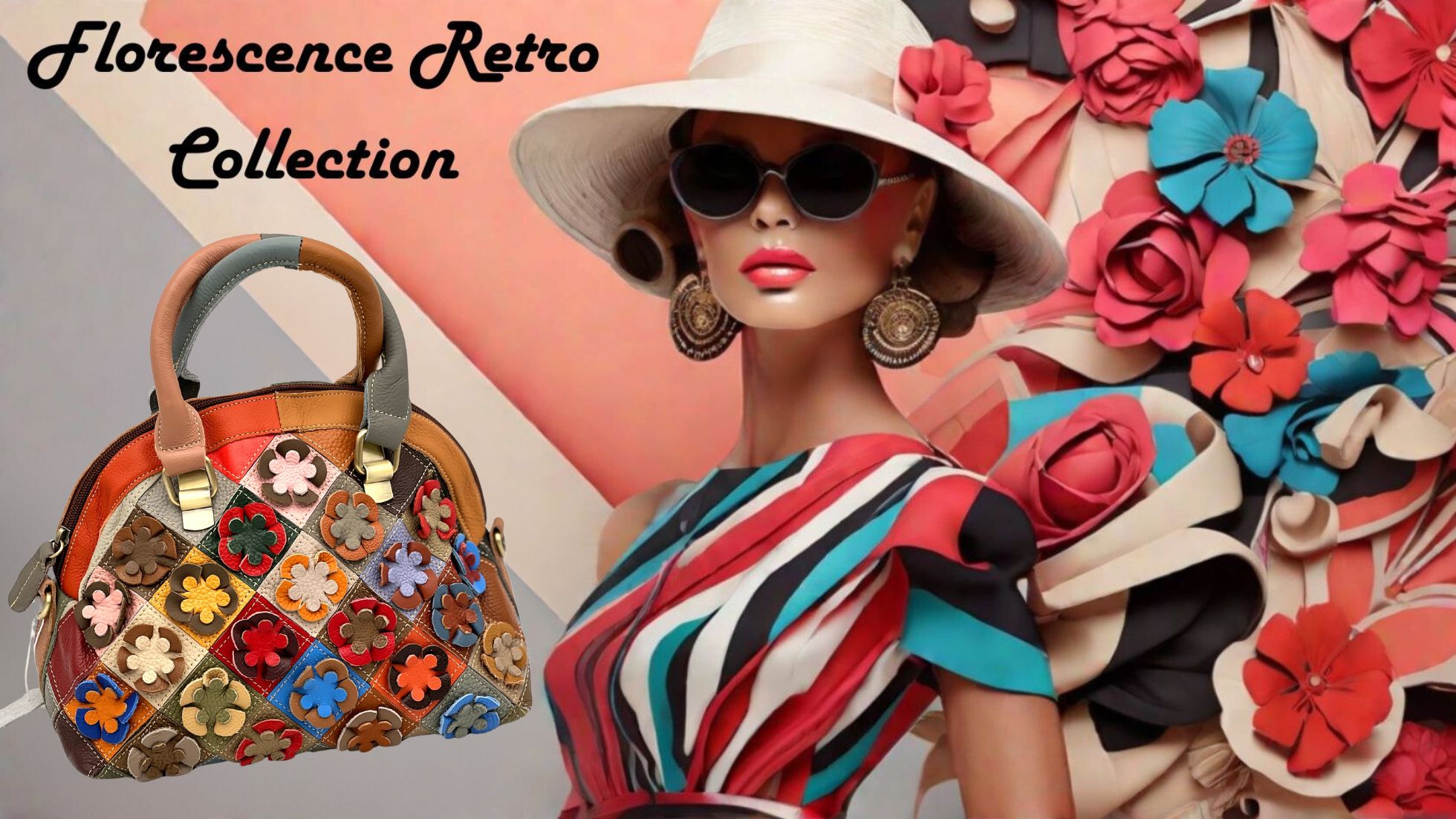 geanta dama piele cu design multicolor si flori aplicate confectionata in Italia